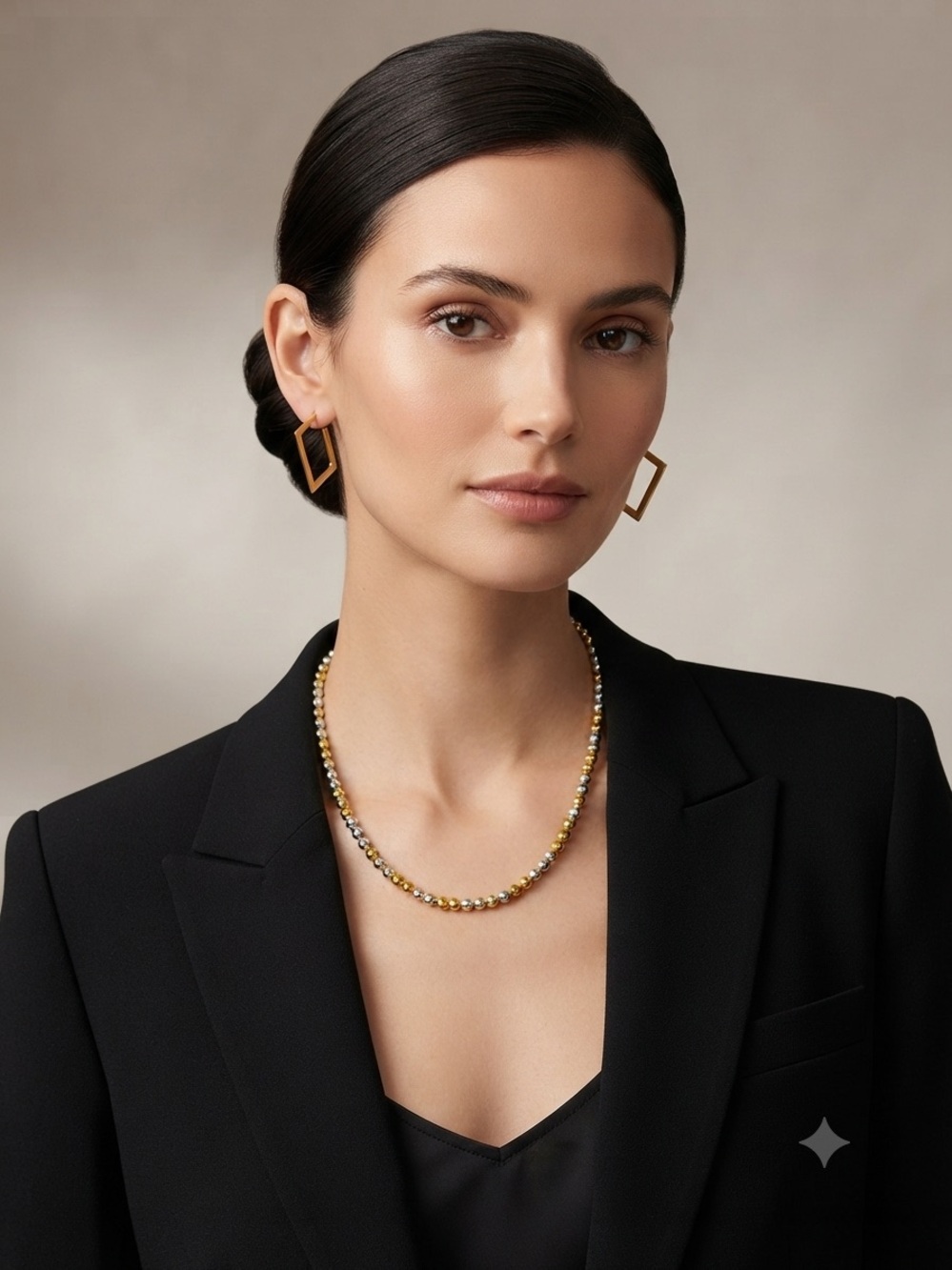 Gold and Silver Beaded Necklace - Elegant Mixed-Metal paired with gold earrings